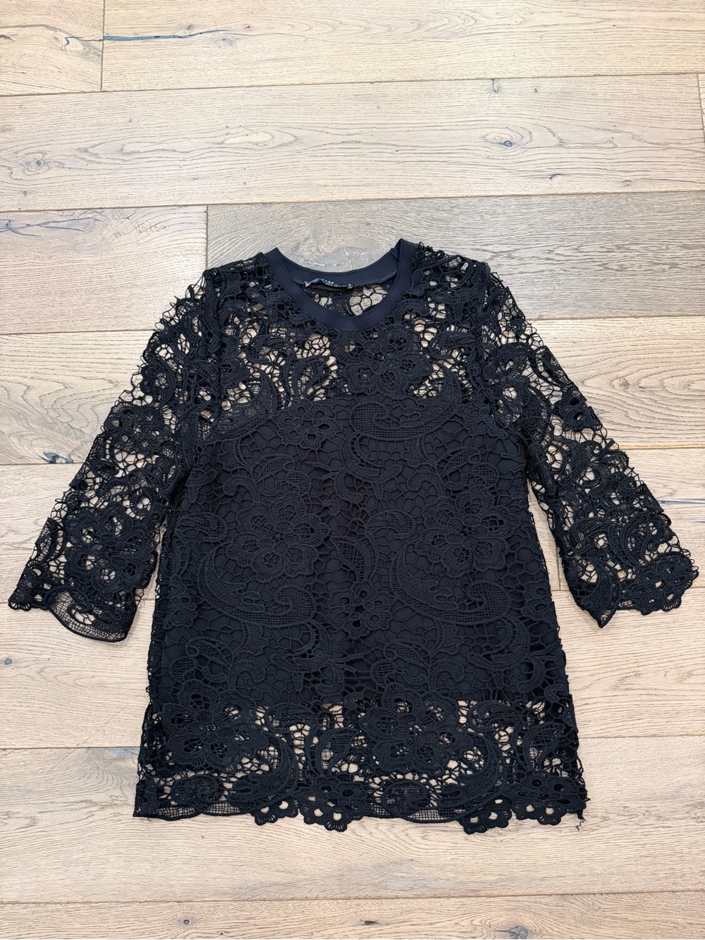 Zara Black Lace Top - Elegant Crochet Tunic - Size Small